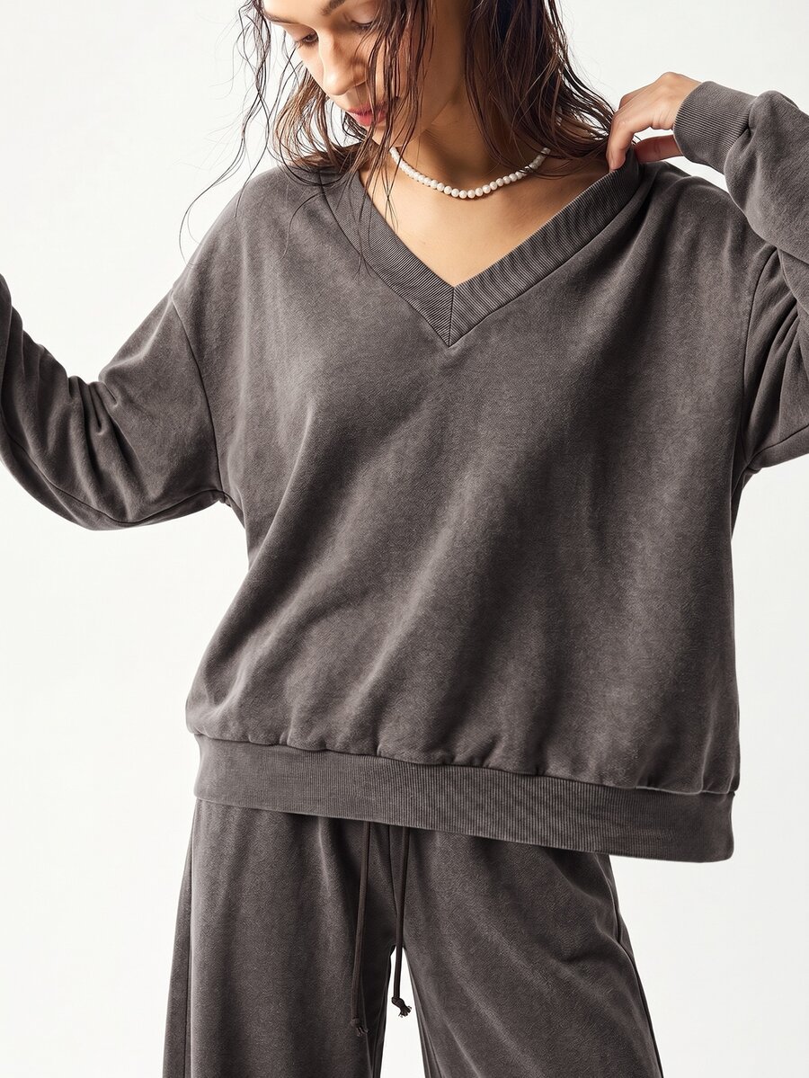 Bohemela Casual Solid Color Knit Loose Sweatshirt & Pants 2 Pieces Set For Women - Brown - View 1