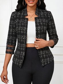 SHEIN Lady 女款時尚百搭格紋網布拼接袖輕量西裝外套 - 彩色 - 查看 7