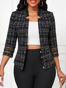 SHEIN Lady 女款時尚百搭格紋網布拼接袖輕量西裝外套 - 彩色 - 查看 5