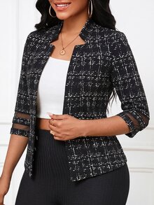 SHEIN Lady 女款時尚百搭格紋網布拼接袖輕量西裝外套 - 彩色 - 查看 3