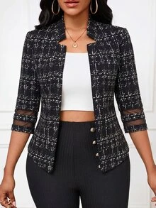 SHEIN Lady 女款時尚百搭格紋網布拼接袖輕量西裝外套 - 彩色 - 查看 4