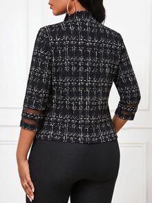 SHEIN Lady 女款時尚百搭格紋網布拼接袖輕量西裝外套 - 彩色 - 查看 2