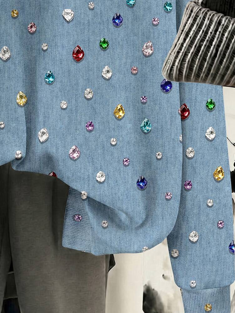 Tween Girl Colorful Rhinestone Decorated Hooded Casual Daily Long Sleeve Sweatshirt - Blue - View 5