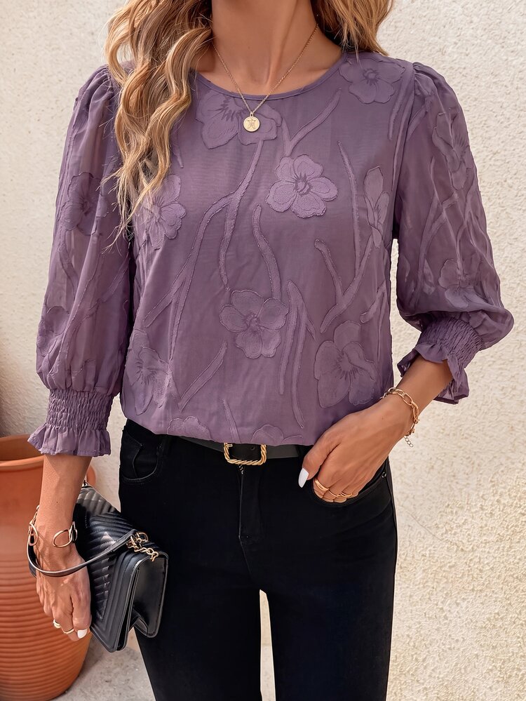 Reflora Plus Size Women's Floral Print Round Neck Cuffed Elegant Blouse Autumn Office Evening Formal Purple - Purple - View 4