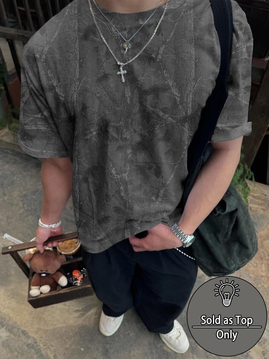 Resyla Men 男士休閒街頭風樹枝印花短袖T恤，夏季度假海灘淺灰色 - 彩色 - 查看 1