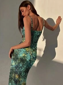 Aloruh Women's Leopard Print Pleated Sexy Date Party Midi Spaghetti Strap Dress - Green - View 3