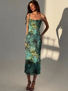 Aloruh Women's Leopard Print Pleated Sexy Date Party Midi Spaghetti Strap Dress - Green - View 4