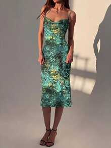 Aloruh Women's Leopard Print Pleated Sexy Date Party Midi Spaghetti Strap Dress - Green - View 2