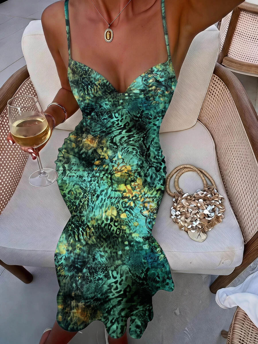 Aloruh Women's Leopard Print Pleated Sexy Date Party Midi Spaghetti Strap Dress - Green - View 1