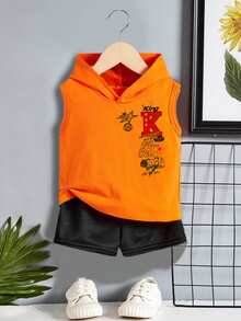 Baby Boy Casual Minimalist Round Neck Tank Top & Shorts Set With Cartoon Pattern, Suitable For Summer - Multicolor - View 6