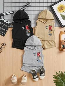 Baby Boy Casual Minimalist Round Neck Tank Top & Shorts Set With Cartoon Pattern, Suitable For Summer - Multicolor - View 4