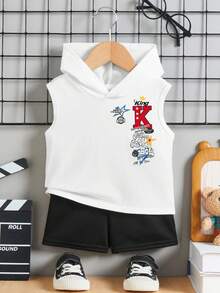 Baby Boy Casual Minimalist Round Neck Tank Top & Shorts Set With Cartoon Pattern, Suitable For Summer - Multicolor - View 8