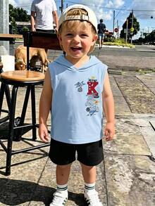 Baby Boy Casual Minimalist Round Neck Tank Top & Shorts Set With Cartoon Pattern, Suitable For Summer - Multicolor - View 5