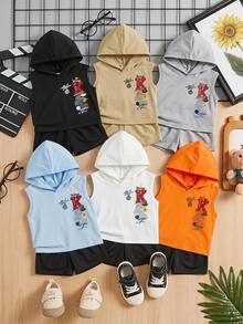 Baby Boy Casual Minimalist Round Neck Tank Top & Shorts Set With Cartoon Pattern, Suitable For Summer - Multicolor - View 2