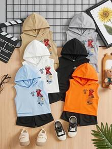 Baby Boy Casual Minimalist Round Neck Tank Top & Shorts Set With Cartoon Pattern, Suitable For Summer - Multicolor - View 3
