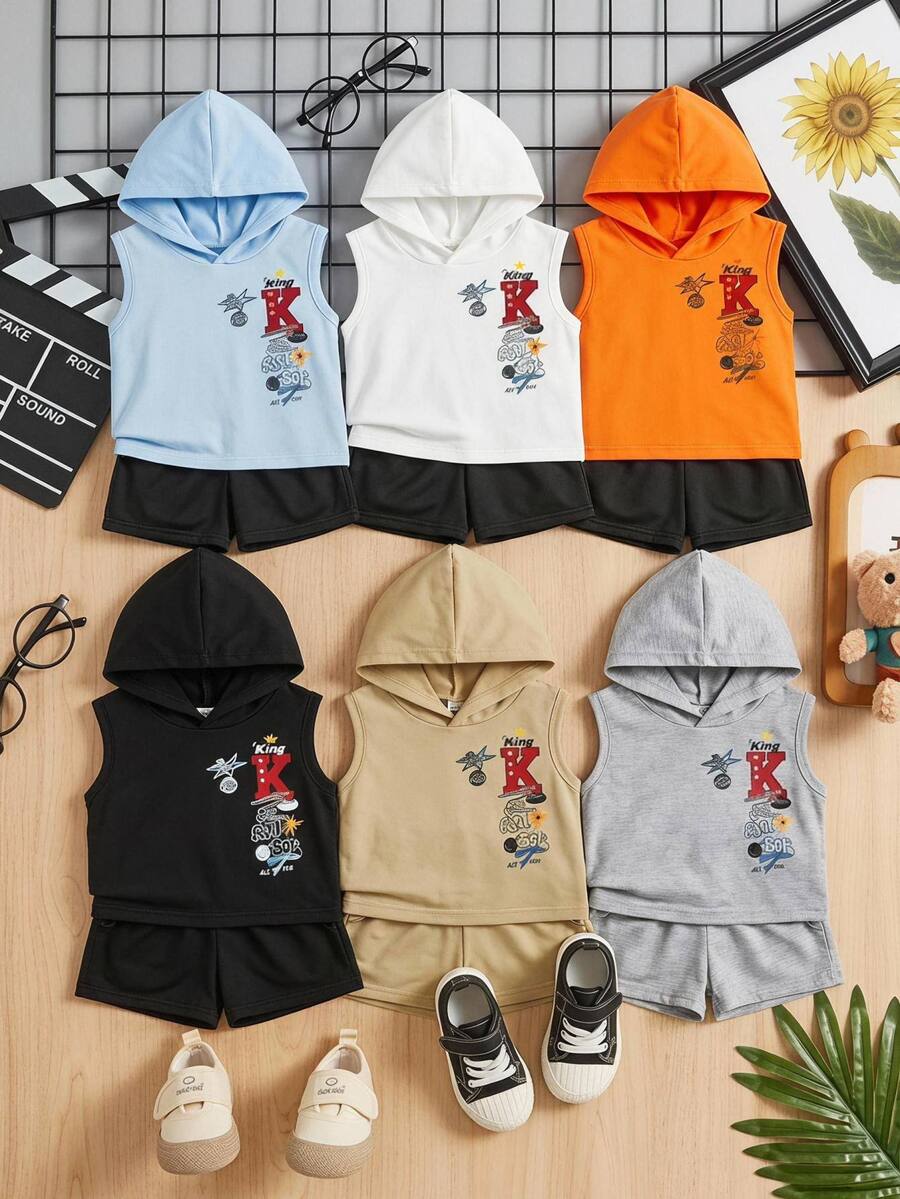 Baby Boy Casual Minimalist Round Neck Tank Top & Shorts Set With Cartoon Pattern, Suitable For Summer - Multicolor - View 1