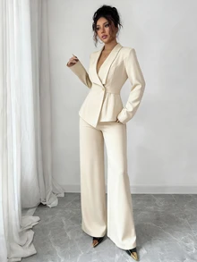 Elenzga Women Suit Set Cream White,Elegant,Office,Fall Winter Sophisticated Suit Lapel Collar Long Sleeve Waist Cinched A-Line Asymmetric Hem,Party,Casual - Apricot - View 4