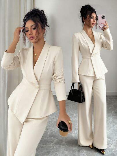 Elenzga Women Suit Set Cream White,Elegant,Office,Fall Winter Sophisticated Suit Lapel Collar Long Sleeve Waist Cinched A-Line Asymmetric Hem,Party,Casual