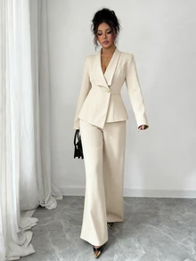 Elenzga Women Suit Set Cream White,Elegant,Office,Fall Winter Sophisticated Suit Lapel Collar Long Sleeve Waist Cinched A-Line Asymmetric Hem,Party,Casual - Apricot - View 3