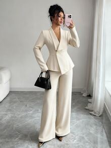 Elenzga Women Suit Set Cream White,Elegant,Office,Fall Winter Sophisticated Suit Lapel Collar Long Sleeve Waist Cinched A-Line Asymmetric Hem,Party,Casual - Apricot - View 5