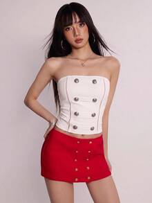 Rina Fox Atasan Tube Top Wanita Model Kancing Dekorasi untuk Pergi Keluar dan Klub Malam, Warna Putih Seksi - Putih - View 7