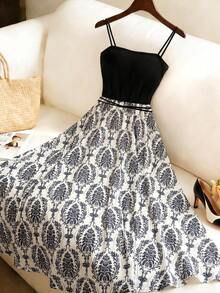 INAWLY Plus Size Women's Elegant Floral Print Cami Dress For Vacation - Black - View 1