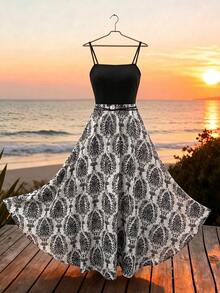 INAWLY Plus Size Women's Elegant Floral Print Cami Dress For Vacation - Black - View 5
