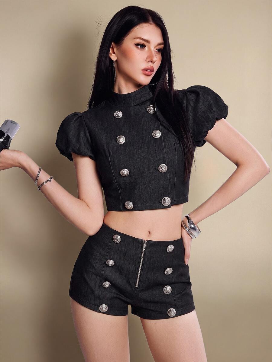 Rina Fox 女款夏季時尚花瓣袖上衣與短褲兩件套 - 黑色 - 查看 1