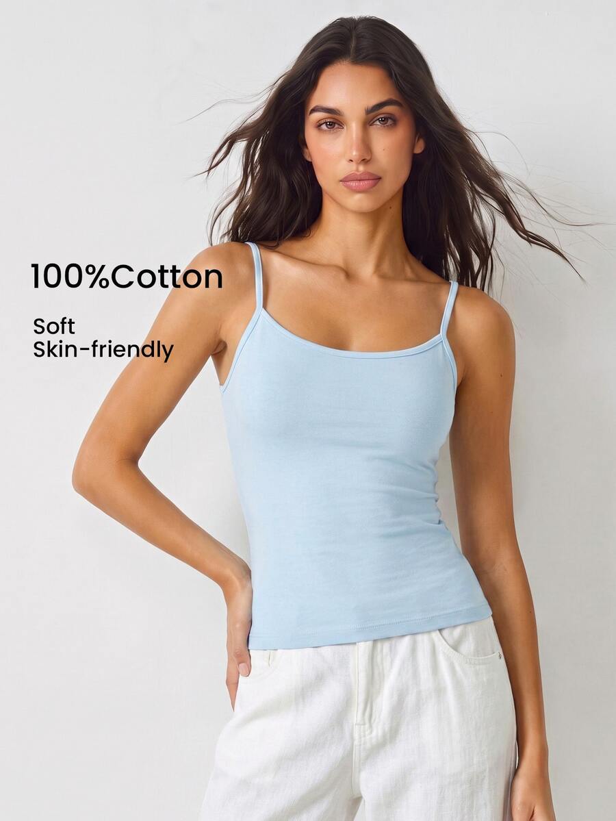 YARNWELL Women's Solid Color Fitted Versatile Daily Wear Camisole Tank Top Everyday House Light Blue Autumn Casual
