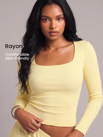 YARNWELL Women's Square Neck Long Sleeve T-Shirt – Soft Stretchy Fitted Top, Everyday Basic Essential For Daily Work House Casual Outings Pale Yellow Autumn