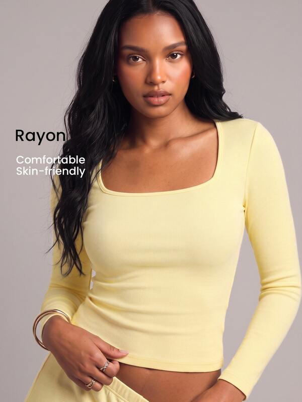 YARNWELL Women's Square Neck Long Sleeve T-Shirt – Soft Stretchy Fitted Top, Everyday Basic Essential For Daily Work House Casual Outings Pale Yellow Autumn