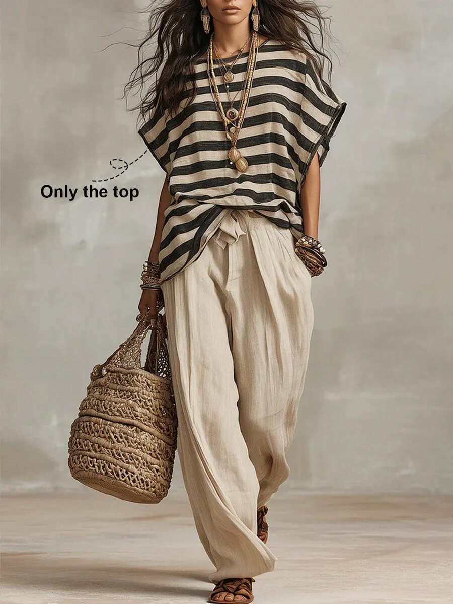 Linhara CURVE Blusa de mujer talla grande, elegante francesa, de tela tejida a rayas, cuello redondo, manga corta, corte holgado, tela similar al lino, verano, playa, vacaciones, casual, estilo campestre - Multicolor - Ver 1