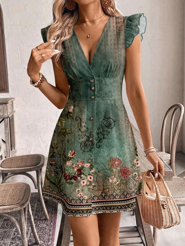SHEIN Frenchy V-Neck Cap Sleeve A-Line Button Floral Print Vintage Bohemian Style Dress, Suitable For Outings, Beach Vacations, Chic,Casual Dresses For Women