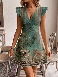 SHEIN Frenchy V领短袖A字型纽扣印花复古波西米亚风连衣裙，适合外出、海滩度假，时尚别致 - 彩色 - 查看 4