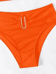 SHEIN Swim 2026春夏女士橙色粗肩带可调节纯色金色U型装饰高衩比基尼上下装两件套泳衣 - 橘色 - 查看 6