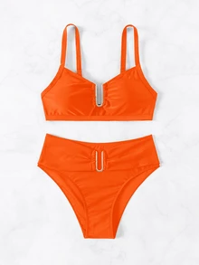 SHEIN Swim 2026春夏女士橙色粗肩带可调节纯色金色U型装饰高衩比基尼上下装两件套泳衣 - 橘色 - 查看 7