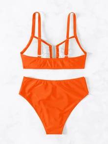 SHEIN Swim 2026春夏女士橙色粗肩带可调节纯色金色U型装饰高衩比基尼上下装两件套泳衣 - 橘色 - 查看 4