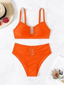 SHEIN Swim 2026春夏女士橙色粗肩带可调节纯色金色U型装饰高衩比基尼上下装两件套泳衣 - 橘色 - 查看 3
