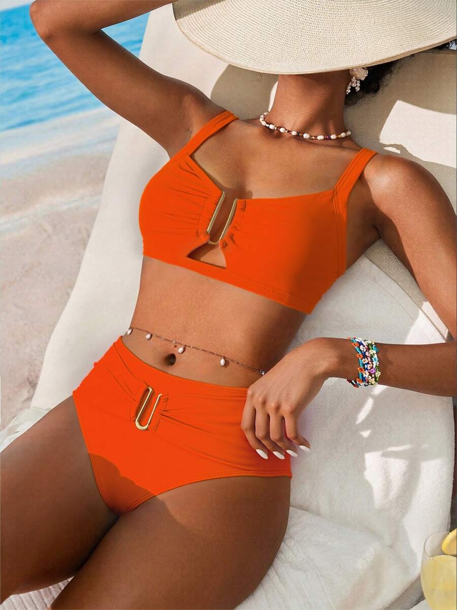 SHEIN Swim 2026春夏女士橙色粗肩带可调节纯色金色U型装饰高衩比基尼上下装两件套泳衣