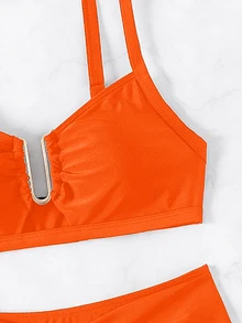 SHEIN Swim 2026春夏女士橙色粗肩带可调节纯色金色U型装饰高衩比基尼上下装两件套泳衣 - 橘色 - 查看 5
