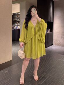 Vibekara 春夏新款甜美優雅度假風仙女綠波點紋理布料女款夏季獨特精緻復古蝙蝠袖網紗寬鬆短洋裝 - 綠色 - 查看 5