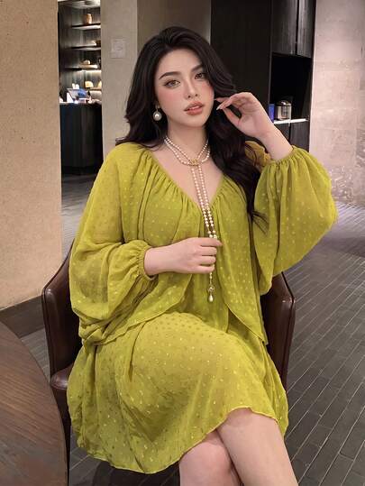 Vibekara Spring Summer New Sweet Elegant Vacation Fairy Green Polka Dot Textured Fabric Dress Women Summer Unique Exquisite Vintage Batwing Sleeve Mesh Loose Short Dress