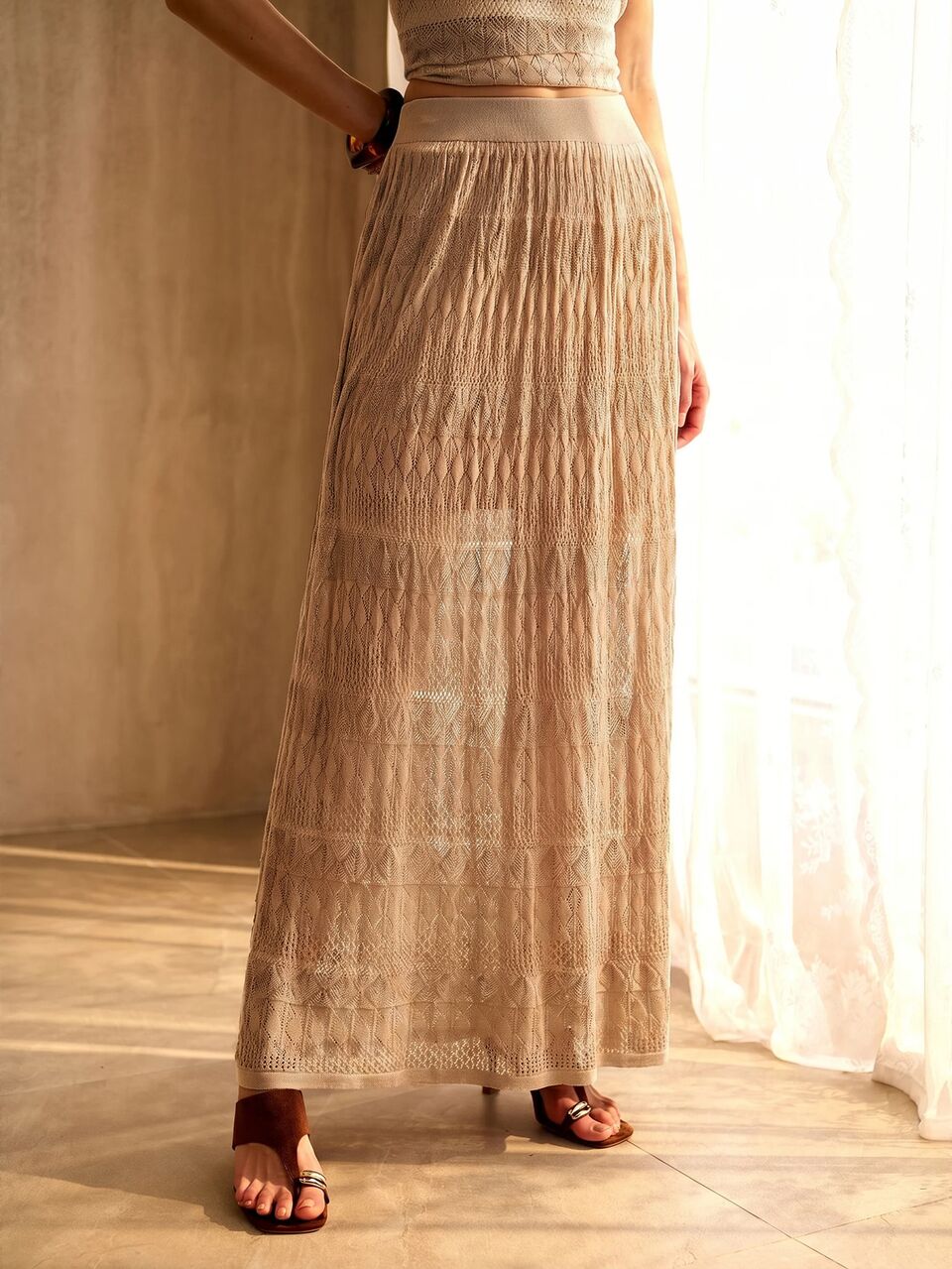 MOTF WOMEN'S SPRING/SUMMER ELASTIC WAIST MAXI POINTELLE KNIT SKIRT