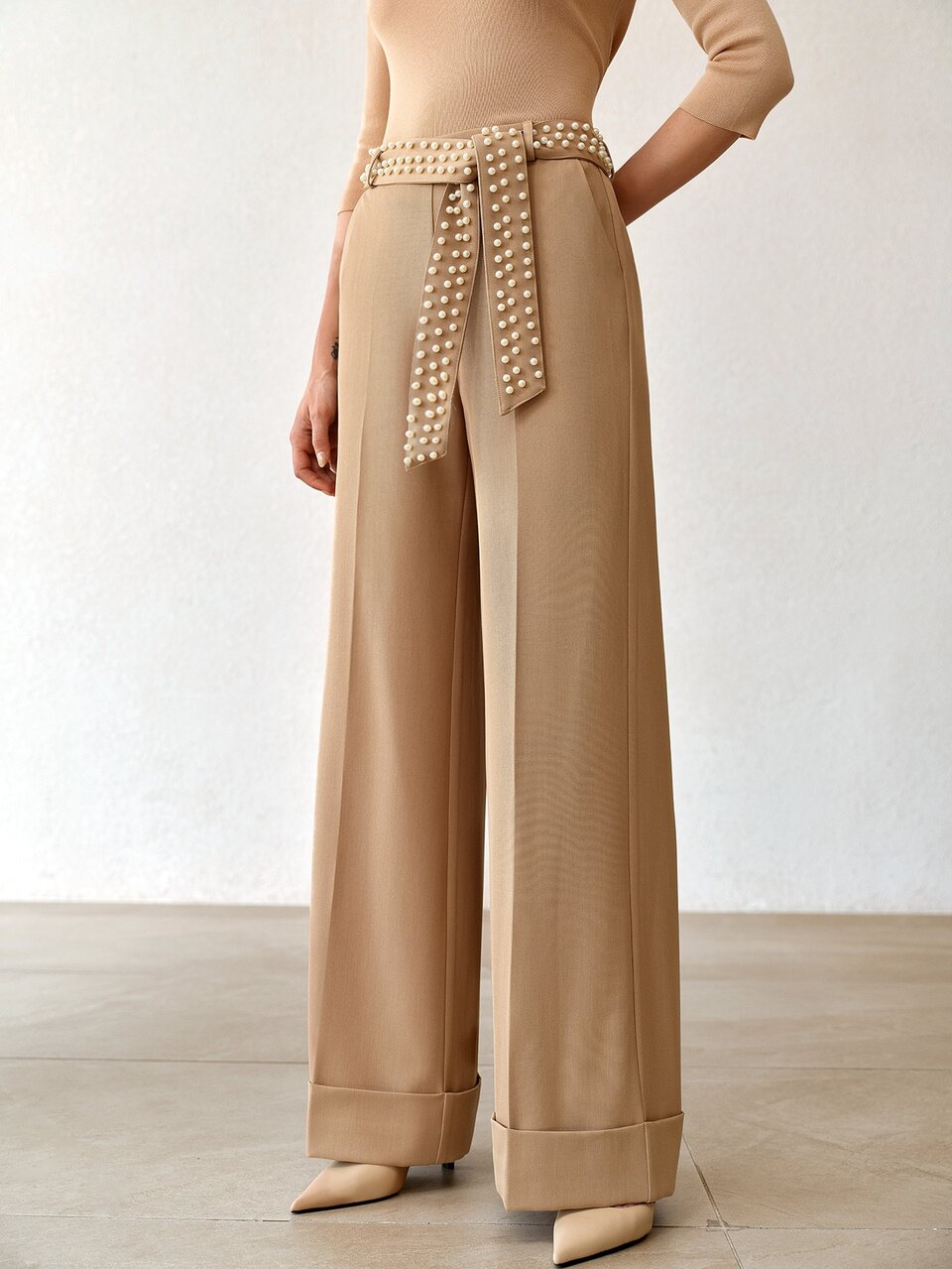 MOTF WOMEN'S ELEGANT COMMUTE PARTY OFFICE FAUX PEARL BELT LOOSE CUFFED HEM STRAIGHT LEG PANTS CAMEL AUTUMN