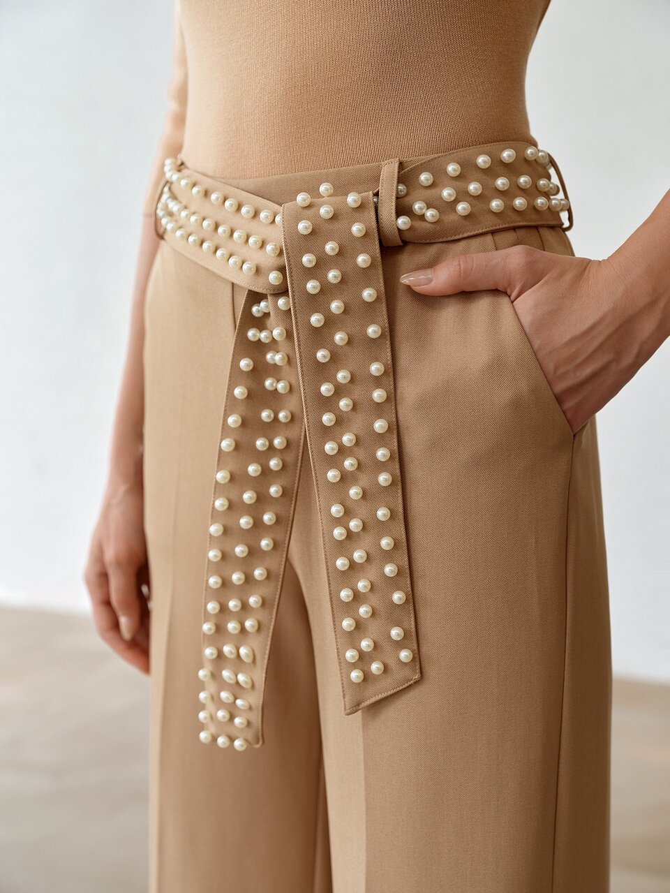 MOTF WOMEN'S ELEGANT COMMUTE PARTY OFFICE FAUX PEARL BELT LOOSE CUFFED HEM STRAIGHT LEG PANTS CAMEL AUTUMN