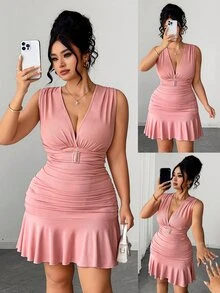 Elenzga Plus Size Elegant Afternoon Tea Date Party Outfit Rhinestone Button Decor Romantic Dusty Pink V-Neck Waist-Cinching Flared Short Dress - Pink - View 3