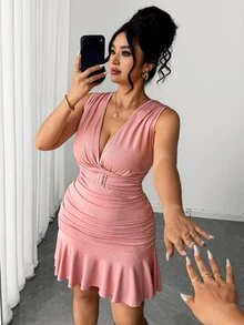 Elenzga Plus Size Elegant Afternoon Tea Date Party Outfit Rhinestone Button Decor Romantic Dusty Pink V-Neck Waist-Cinching Flared Short Dress - Pink - View 1