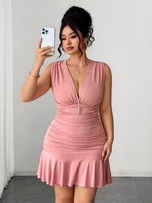 Elenzga Plus Size Elegant Afternoon Tea Date Party Outfit Rhinestone Button Decor Romantic Dusty Pink V-Neck Waist-Cinching Flared Short Dress - Pink - View 5