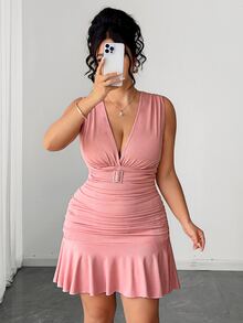 Elenzga Plus Size Elegant Afternoon Tea Date Party Outfit Rhinestone Button Decor Romantic Dusty Pink V-Neck Waist-Cinching Flared Short Dress - Pink - View 6
