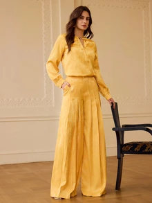 ZEYLAH Celana Panjang Wanita Jacquard Berlipit dengan Kantong, Longgar, Elegan, Kaki Lebar, Cocok untuk Pesta Makan Malam, Warna Kuning Keemasan, Musim Gugur - Kuning - View 6